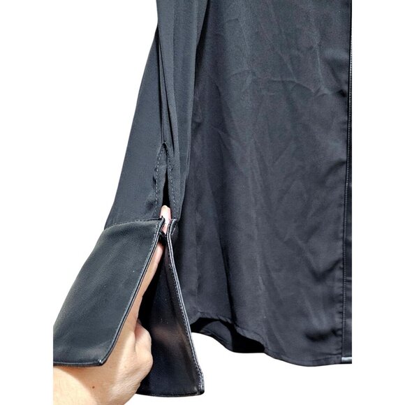 Gracia Black Button-Up Top With Faux Leather Details & Flared Sleeves - Size S - Picture 5 of 12